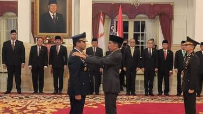 Pelantikan Marsekal Madya TNI Mohamad Tonny Harjono oleh Presiden Jokowi sebagai KSAU, Jumat (5/4/2024) di Istana Negara, Jakarta.