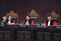 Suasana sidang gugatan Batas Ssia Capres Cawapres di Mahkamah Konstitusi, Jakarta, Senin (16/10/2023).
