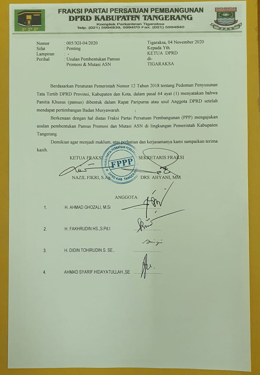 Fraksi PPP DPRD KabupatenTangerang Resmi Usulkan Pembentuan Pansus Mutasi ASN 2
