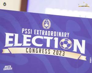 Tampilan banner Kongres Luar Biasa PSSI 2023-2027