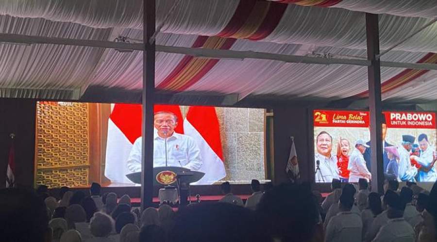 Sambutan Presiden Jokowi secara virtual pada perayaan HUT ke-15 Partai Gerindra di Kantor DPP Partai Gerindra, Jakarta, Senin (6/2/2023).