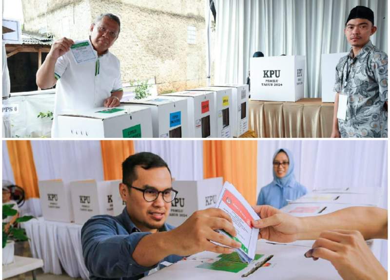 Wali Kota Benyamin dan Wakilnya, Pilar Saga Ichsan saat lakukan pencoblosan surat suara Pemilu 2024.