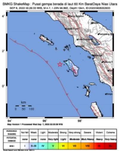 Gempa bumi magnitudo 4,7 guncang Nias Utara.(istimewa).