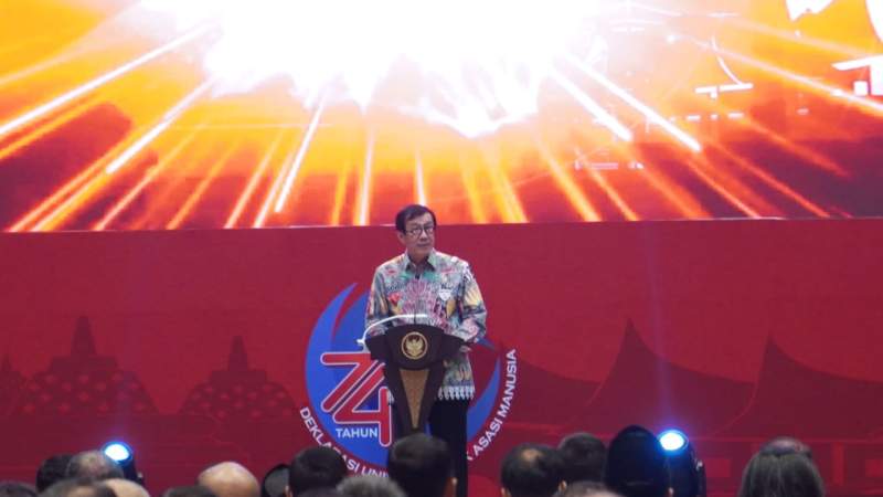 Menteri Hukum dan HAM, Yasonna H. Laoly, berpidato pada perayaan Hari HAM Sedunia ke-74 tahun 2022 di Jakarta, Senin (12/12/2022) malam.