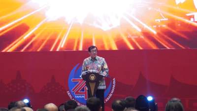 Menteri Hukum dan HAM, Yasonna H. Laoly, berpidato pada perayaan Hari HAM Sedunia ke-74 tahun 2022 di Jakarta, Senin (12/12/2022) malam.