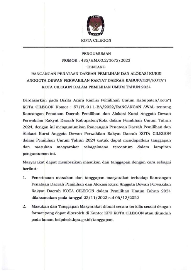 Rancangan Penataan Daerah Pemilihan dan Alokasi Kursi Anggota DPRD Kabupaten atau Kota Cilegon