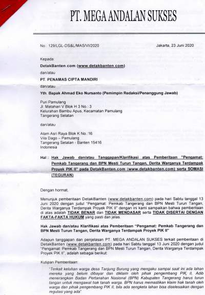 Hak Jawab PT Mega Andalan Sukses Atas Pemberitaan Terkait Proyek PIK II