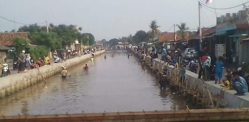 Jadi Tontonan, Sejumlah Warga di Sekitar Kali Pondok Jaya Berburu Ikan Mabuk