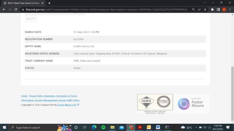 Bukti Terdaftarnya Golden Horse Ltd. di Pemerintah Malaysia
