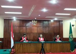 Suasana sidang pembacaan putusan banding oleh KPU RI terhadap Partai Prima di Pengadilan Negeri, Jakarta Pusat, Selasa (11/4/2023).