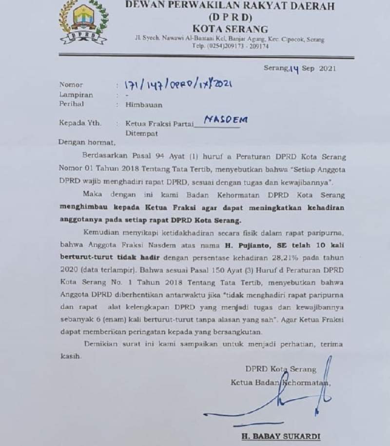 Ketua BK DPRD Kota Serang Layangkan Surat ke Fraksi NasDem, Ada Apa?