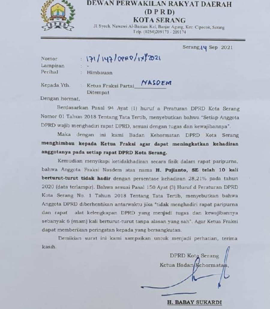 Ketua BK DPRD Kota Serang Layangkan Surat ke Fraksi NasDem, Ada Apa?