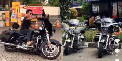 Mario Dandy sedang mengendarai motor Harley-Davidson.