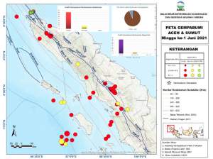 Peta selebaran gempa bumi di wilayah Sumatera bagian utara, (BMKG)