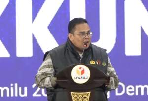 Ketua Bawaslu RI, Rahmat Bagja di acara Rakornas Sentra Penegakan Hukum Terpadu (Gakkumdu) di Jakarta, Senin (27/11/2023).
