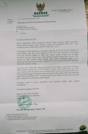 Dana Baznas di Bank Banten Tak Turun, Baznas Banten Layangkan Surat Kepada Wahidin Halim