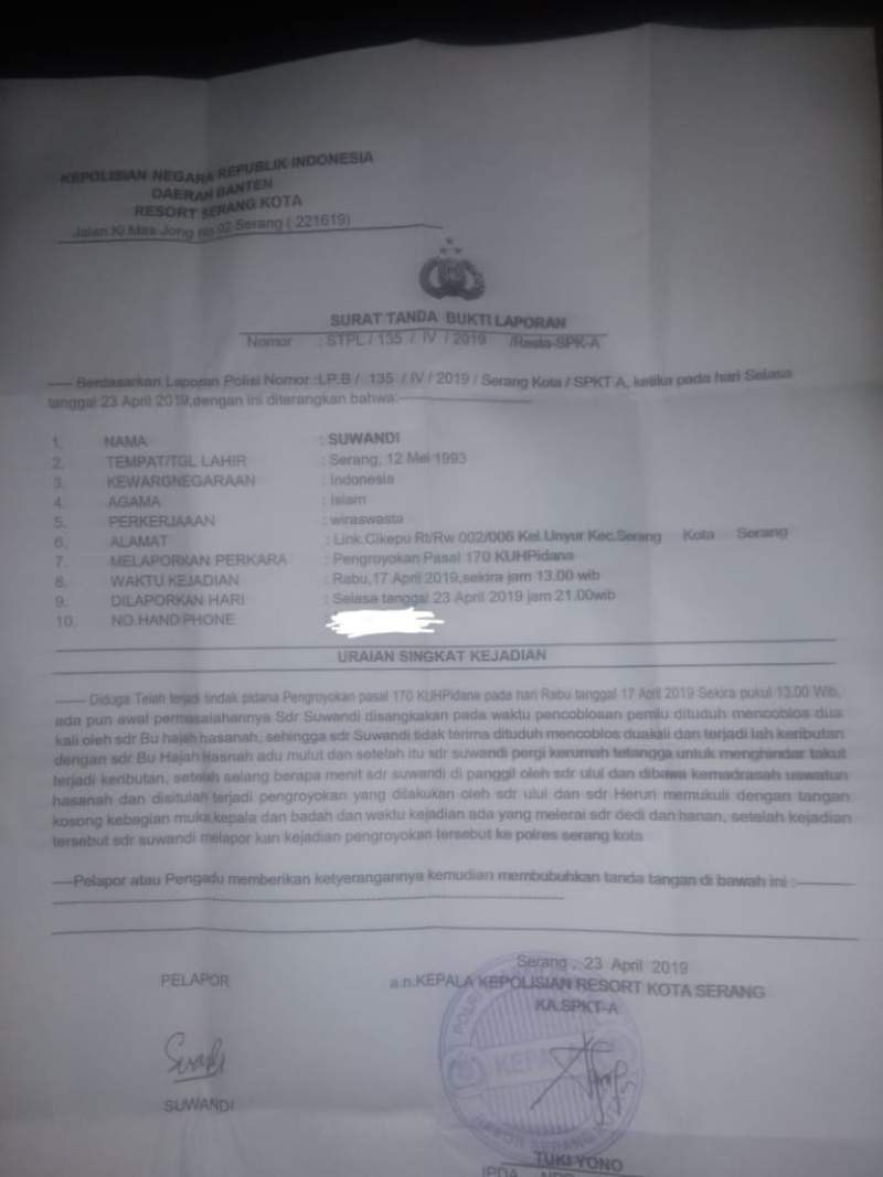 Diduga Lakukan Pengeroyokan, Caleg PDIP Kota Serang Dilaporkan Ke Polresta Serang