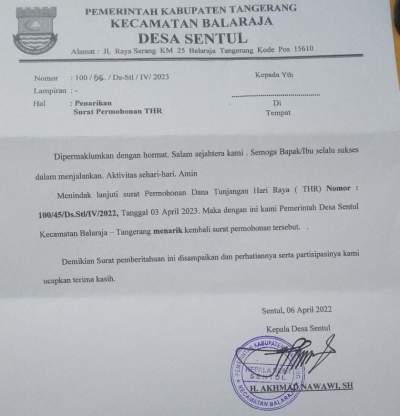 Kades Sentul Mencabut Surat Permintaan THR