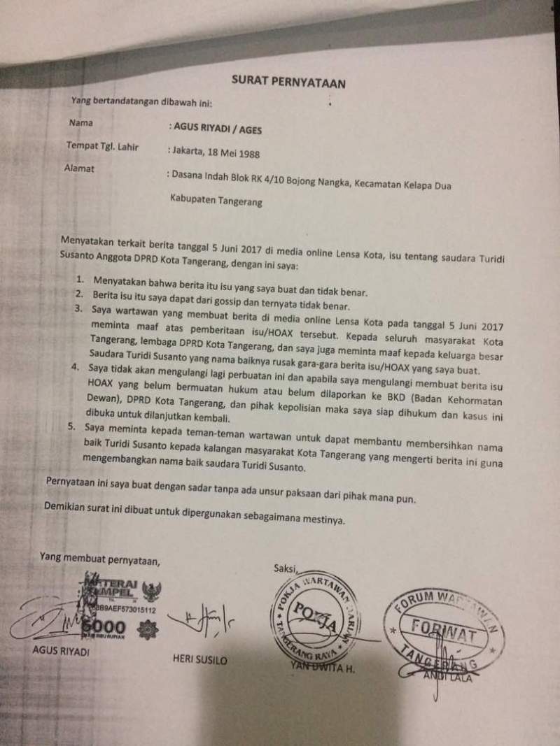 Berita Hoax,Wartawan Sampaikan Permohonan Maaf Kepada Turidi