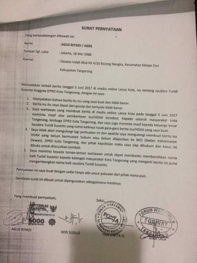 Berita Hoax,Wartawan Sampaikan Permohonan Maaf Kepada Turidi