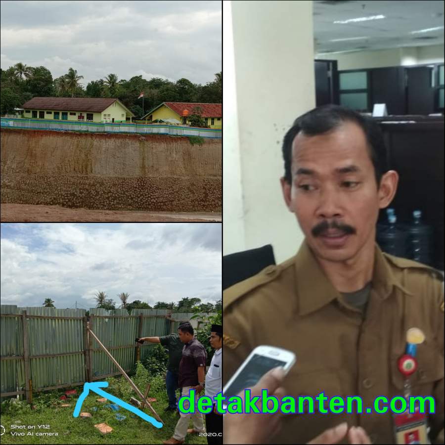 Kepala Biro Bina Infrastruktur dan Sumber Daya Alam  Provinsi Banten Nana Suryana, dan tampak pagar seng sebelumnya tembok pagar.