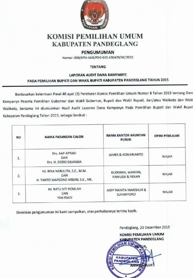 Pengumuman Laporan Audit Dana Kampanye 2015 KPU Kab Pandeglang 