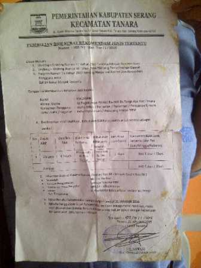 Surat Rekomendasi camat untuk pembelian BBM dan Migas di SPBU Serang