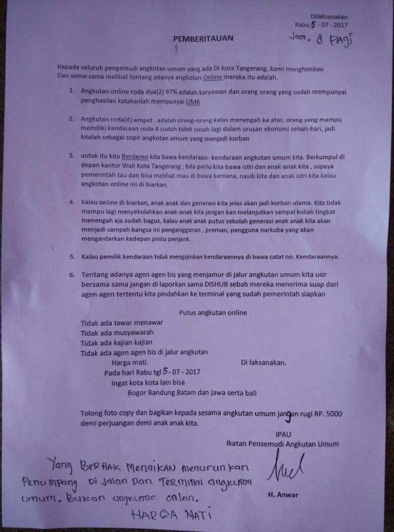 Begini Isi Surat Kaleng Ajakan Mogok Massal Angkot