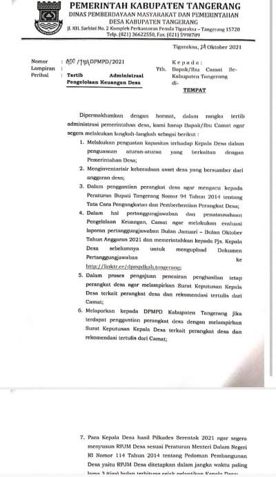 Catat!  ini  7  Intruksi Kadis Pemdes Kabupaten Tangerang Kepada Camat